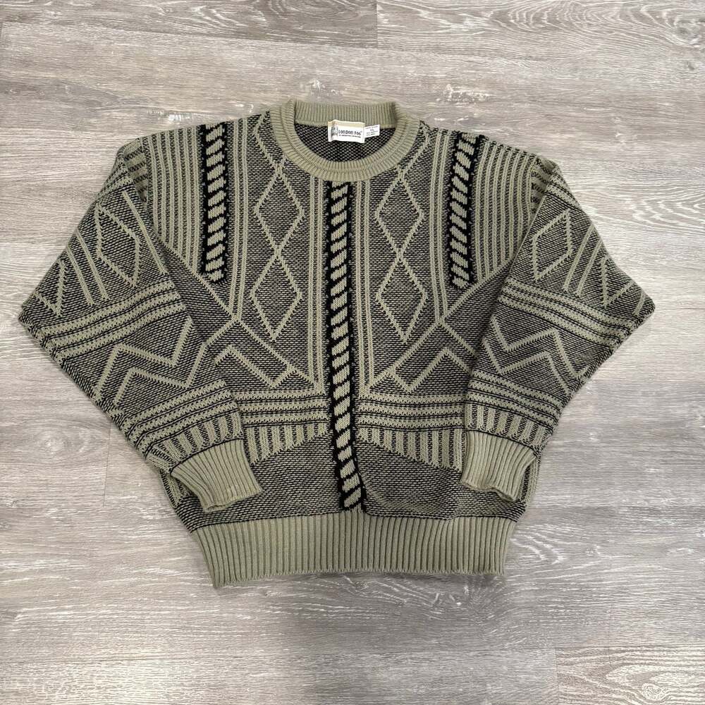 Vintage 80s London Fog Geometric Knit Crewneck Sweater, Size XL.